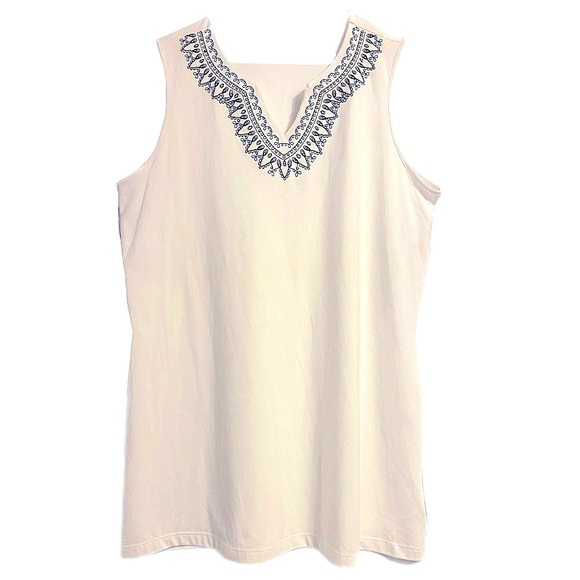 New Gorgeous White Sleeveless Top Blue Embroidery XL V-neck Layering Office Wear - Picture 9 of 12